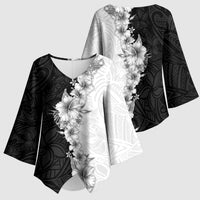 Hawaii Hibiscus Flowers Kimono Sleeve Blouse Grayscale Polynesian Pattern