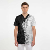 Hawaii Hibiscus Flowers Scrub Top Grayscale Polynesian Pattern