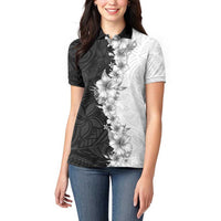 Hawaii Hibiscus Flowers Women Polo Shirt Grayscale Polynesian Pattern