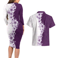Hawaii Hibiscus Flowers Couples Matching Long Sleeve Bodycon Dress and Hawaiian Shirt Purple Polynesian Pattern