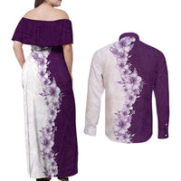 Hawaii Hibiscus Flowers Couples Matching Off Shoulder Maxi Dress and Long Sleeve Button Shirt Purple Polynesian Pattern