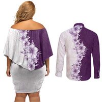 Hawaii Hibiscus Flowers Couples Matching Off Shoulder Short Dress and Long Sleeve Button Shirt Purple Polynesian Pattern