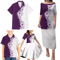 Hawaii Hibiscus Flowers Family Matching Puletasi and Hawaiian Shirt Purple Polynesian Pattern