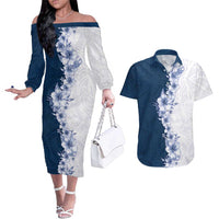 Hawaii Hibiscus Flowers Couples Matching Off The Shoulder Long Sleeve Dress and Hawaiian Shirt Blue Polynesian Pattern