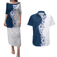 Hawaii Hibiscus Flowers Couples Matching Puletasi and Hawaiian Shirt Blue Polynesian Pattern