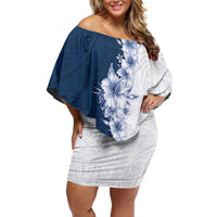 Hawaii Hibiscus Flowers Family Matching Off Shoulder Short Dress and Hawaiian Shirt Blue Polynesian Pattern