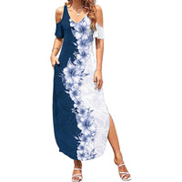 Hawaii Hibiscus Flowers Family Matching Summer Maxi Dress and Hawaiian Shirt Blue Polynesian Pattern