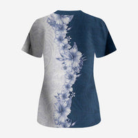 Hawaii Hibiscus Flowers Scrub Top Blue Polynesian Pattern