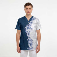 Hawaii Hibiscus Flowers Scrub Top Blue Polynesian Pattern