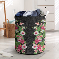 Hawaii Tropical Flowers Laundry Basket Black Polynesian Tattoo Art