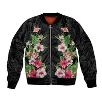 Hawaii Tropical Flowers Bomber Jacket Black Polynesian Tattoo Art