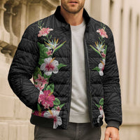 Hawaii Tropical Flowers Bomber Puffer Jacket Black Polynesian Tattoo Art