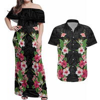 Hawaii Tropical Flowers Couples Matching Off Shoulder Maxi Dress and Hawaiian Shirt Black Polynesian Tattoo Art