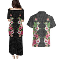 Hawaii Tropical Flowers Couples Matching Puletasi and Hawaiian Shirt Black Polynesian Tattoo Art