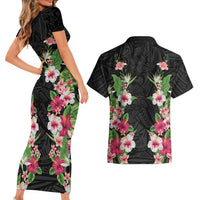 Hawaii Tropical Flowers Couples Matching Short Sleeve Bodycon Dress and Hawaiian Shirt Black Polynesian Tattoo Art LT05 - Polynesian Pride