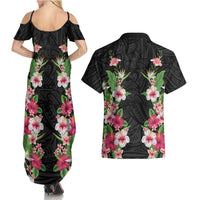 Hawaii Tropical Flowers Couples Matching Summer Maxi Dress and Hawaiian Shirt Black Polynesian Tattoo Art