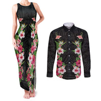 Hawaii Tropical Flowers Couples Matching Tank Maxi Dress and Long Sleeve Button Shirt Black Polynesian Tattoo Art