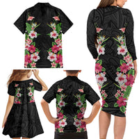 Hawaii Tropical Flowers Family Matching Long Sleeve Bodycon Dress and Hawaiian Shirt Black Polynesian Tattoo Art LT05 - Polynesian Pride