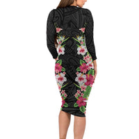 Hawaii Tropical Flowers Family Matching Long Sleeve Bodycon Dress and Hawaiian Shirt Black Polynesian Tattoo Art LT05 - Polynesian Pride