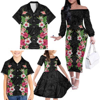 Hawaii Tropical Flowers Family Matching Off The Shoulder Long Sleeve Dress and Hawaiian Shirt Black Polynesian Tattoo Art LT05 - Polynesian Pride