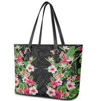 Hawaii Tropical Flowers Leather Tote Bag Black Polynesian Tattoo Art