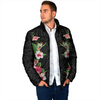 Hawaii Tropical Flowers Padded Jacket Black Polynesian Tattoo Art