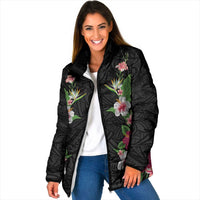 Hawaii Tropical Flowers Padded Jacket Black Polynesian Tattoo Art