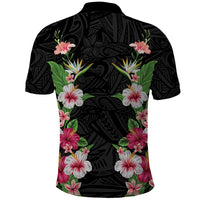 Hawaii Tropical Flowers Polo Shirt Black Polynesian Tattoo Art