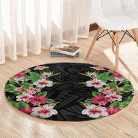 Hawaii Tropical Flowers Round Carpet Black Polynesian Tattoo Art