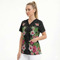 Hawaii Tropical Flowers Scrub Top Black Polynesian Tattoo Art