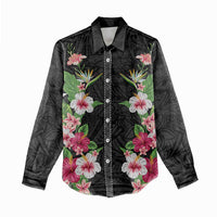 Hawaii Tropical Flowers Women Casual Shirt Black Polynesian Tattoo Art