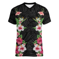 Hawaii Tropical Flowers Women V-Neck T-Shirt Black Polynesian Tattoo Art