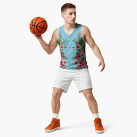 Hawaii Tropical Flowers Basketball Jersey Sky Blue Polynesian Tattoo Art