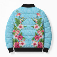 Hawaii Tropical Flowers Bomber Puffer Jacket Sky Blue Polynesian Tattoo Art