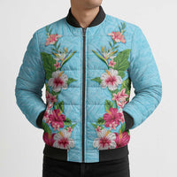 Hawaii Tropical Flowers Bomber Puffer Jacket Sky Blue Polynesian Tattoo Art