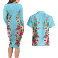 Hawaii Tropical Flowers Couples Matching Long Sleeve Bodycon Dress and Hawaiian Shirt Sky Blue Polynesian Tattoo Art LT05 - Polynesian Pride
