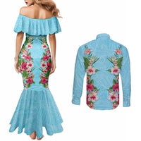 Hawaii Tropical Flowers Couples Matching Mermaid Dress and Long Sleeve Button Shirt Sky Blue Polynesian Tattoo Art