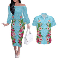 Hawaii Tropical Flowers Couples Matching Off The Shoulder Long Sleeve Dress and Hawaiian Shirt Sky Blue Polynesian Tattoo Art LT05 Blue - Polynesian Pride