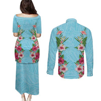 Hawaii Tropical Flowers Couples Matching Puletasi and Long Sleeve Button Shirt Sky Blue Polynesian Tattoo Art