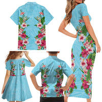 Hawaii Tropical Flowers Family Matching Short Sleeve Bodycon Dress and Hawaiian Shirt Sky Blue Polynesian Tattoo Art LT05 - Polynesian Pride
