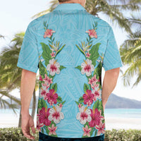 Hawaii Tropical Flowers Hawaiian Shirt Sky Blue Polynesian Tattoo Art