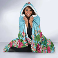 Hawaii Tropical Flowers Hooded Blanket Sky Blue Polynesian Tattoo Art