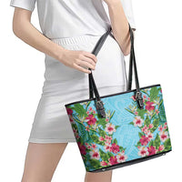 Hawaii Tropical Flowers Leather Tote Bag Sky Blue Polynesian Tattoo Art