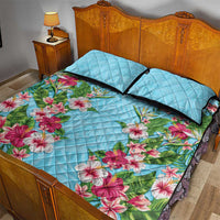Hawaii Tropical Flowers Quilt Bed Set Sky Blue Polynesian Tattoo Art