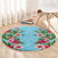 Hawaii Tropical Flowers Round Carpet Sky Blue Polynesian Tattoo Art