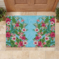 Hawaii Tropical Flowers Rubber Doormat Sky Blue Polynesian Tattoo Art