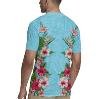 Hawaii Tropical Flowers Rugby Jersey Sky Blue Polynesian Tattoo Art