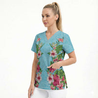 Hawaii Tropical Flowers Scrub Top Sky Blue Polynesian Tattoo Art