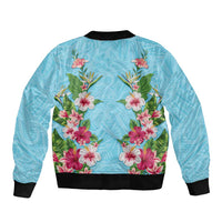 Hawaii Tropical Flowers Sleeve Zip Bomber Jacket Sky Blue Polynesian Tattoo Art