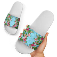 Hawaii Tropical Flowers Slide Sandals Sky Blue Polynesian Tattoo Art